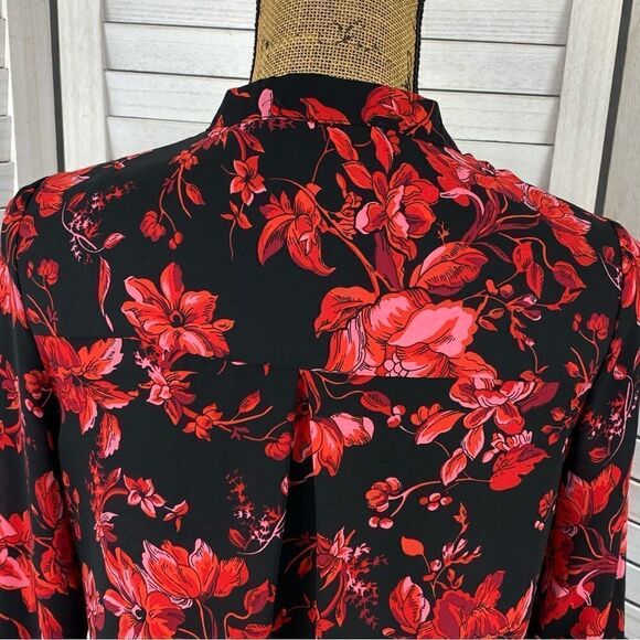 Joan Vass Floral High Low Button Front Blouse Black Red XS - Picture 6 of 14